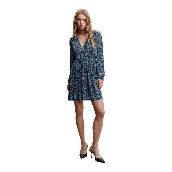 MANGO Textured Floral Pattern Sheer Mini Dress Blue Black V-Neck Dress Size M - Picture 2 of 10